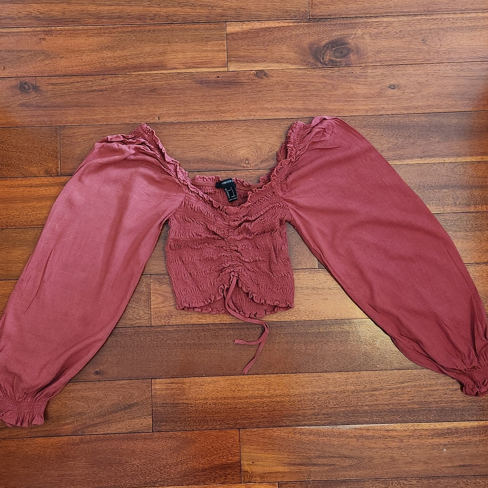 Forever 21 Burnt Orange Ruched Blouse with Puff Sleeves